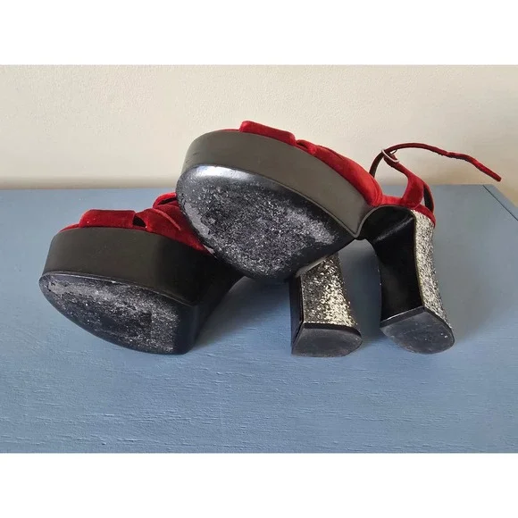 Saint Laurent Paris Red Velvet Platform Heels Glitter Heel Sandals EU 39 - Picture 5 of 6
